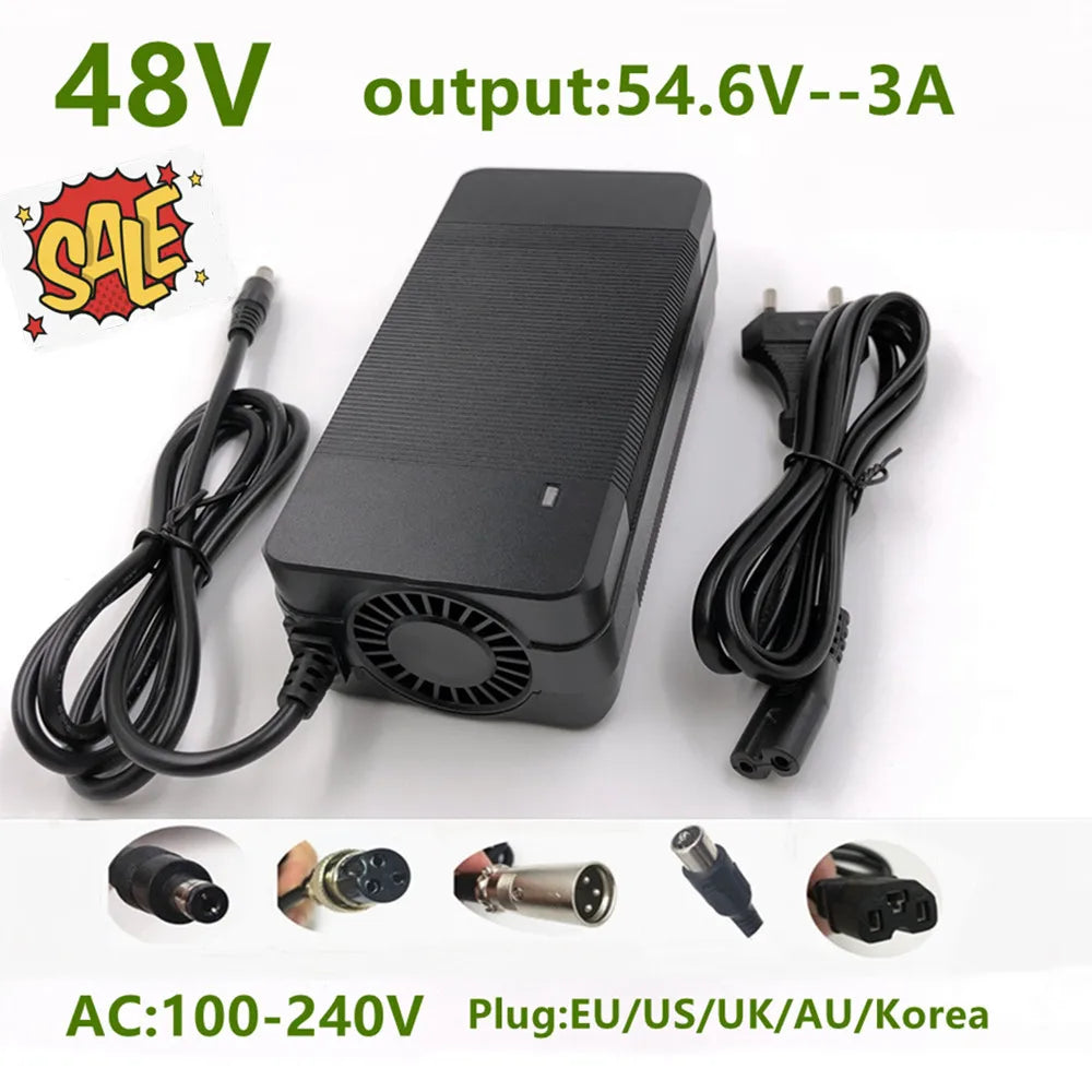 54.6V 3A Lithium Battery Charger – 48V 13S Li-ion Battery Pack Charger with Connectors for Kugoo G1