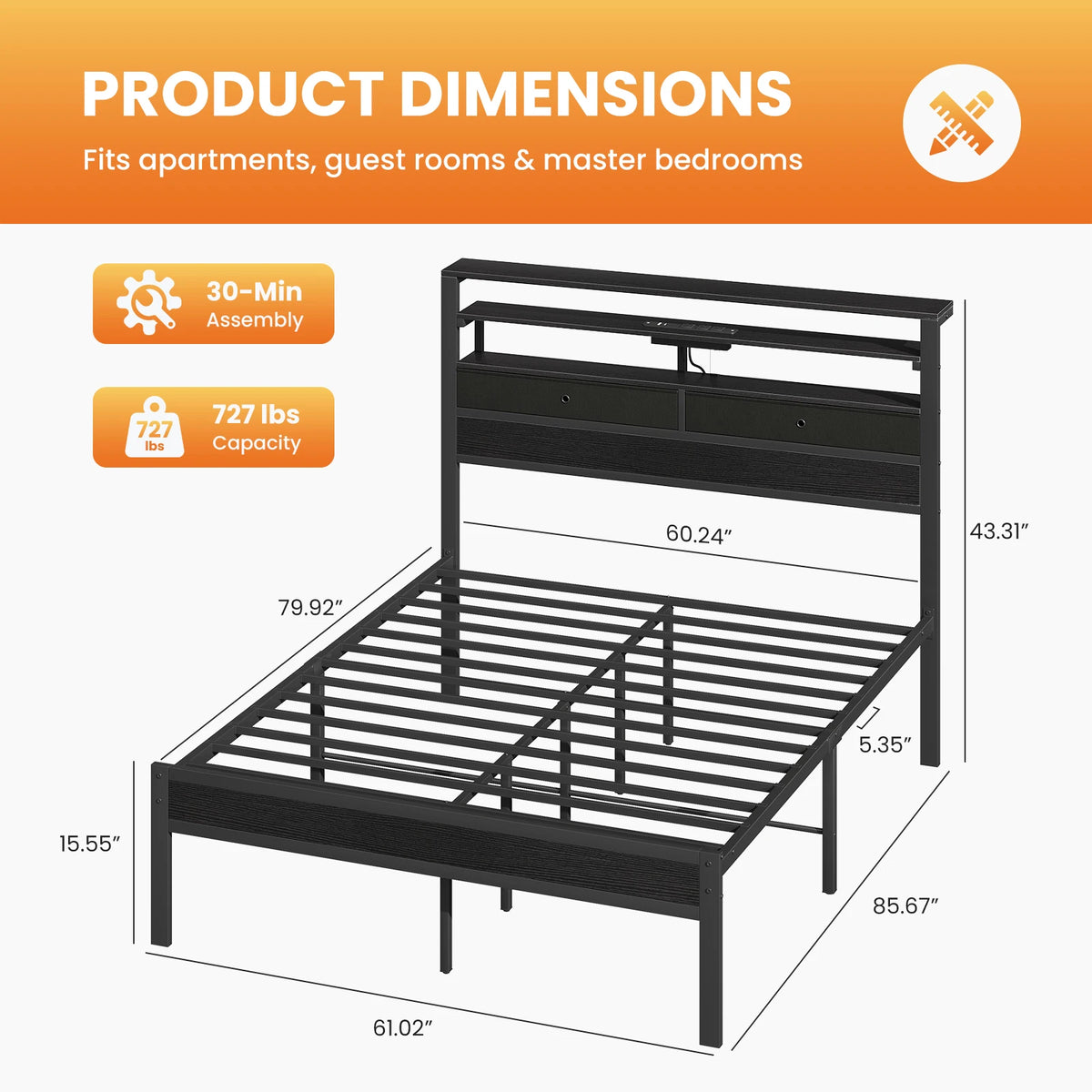 Metal Platform Bed Frame with LED Lighting, USB Charging Station & Storage Headboard – All Sizes