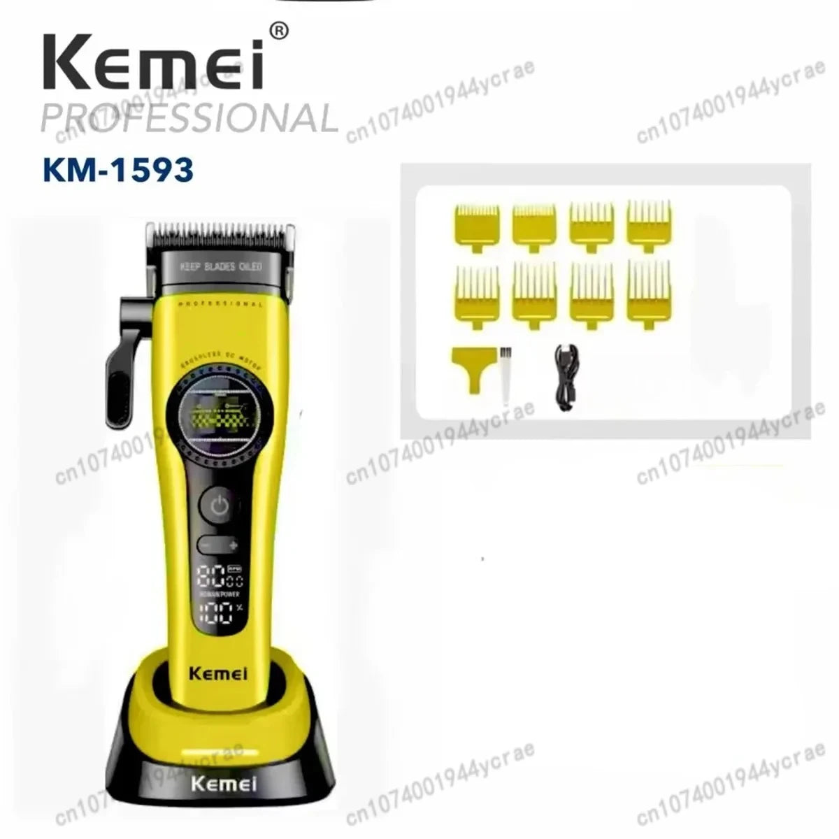 Kemei KM-1593 / KM-1595 Brushless Hair Clipper – DLC Blade, 8000 RPM, 200-Min Runtime, USB-C