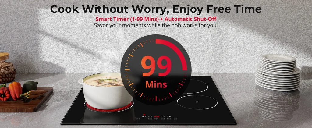 6000W 4-Zone Ceramic Induction Hob – 60cm Black Glass, Touch Control, 9 Power Levels, Timer & Child Lock