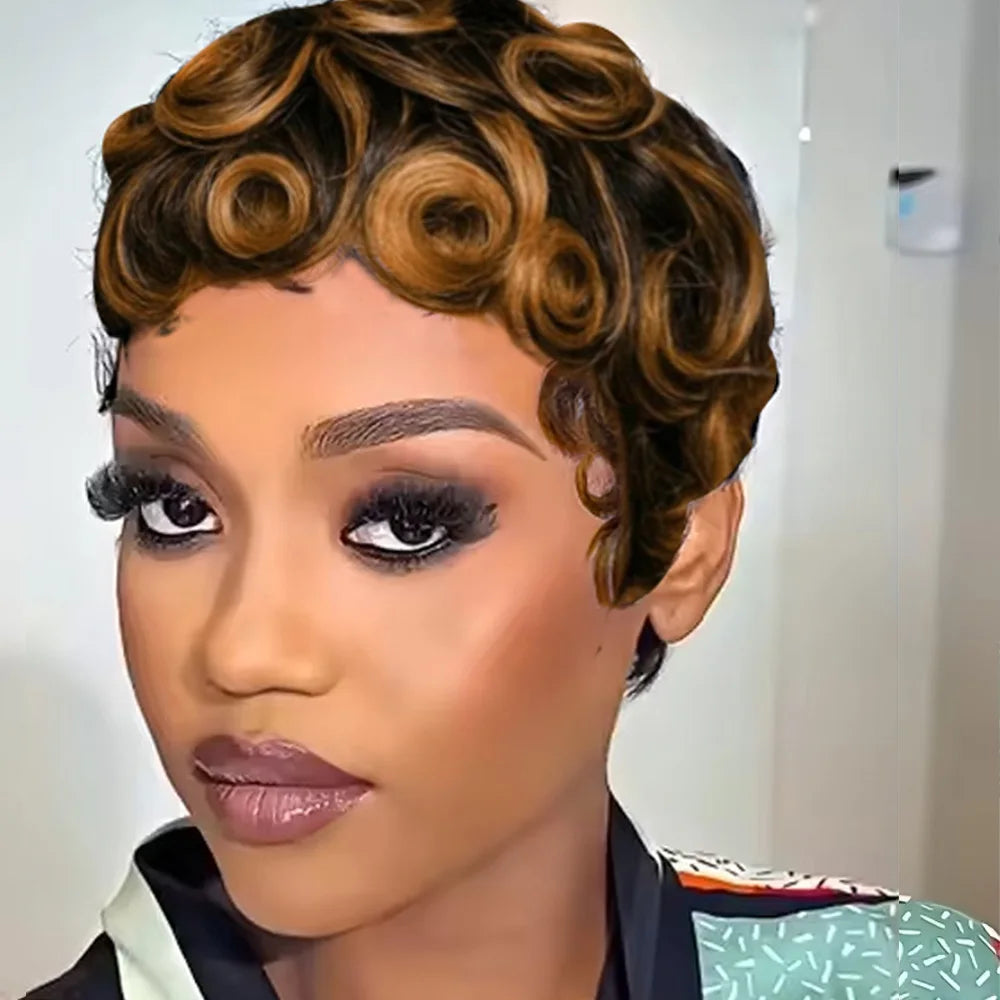 Women's Human Hair Pixie Cut Wig full machine made - Short Layered Curly with Bangs, Natural Black 250% Density