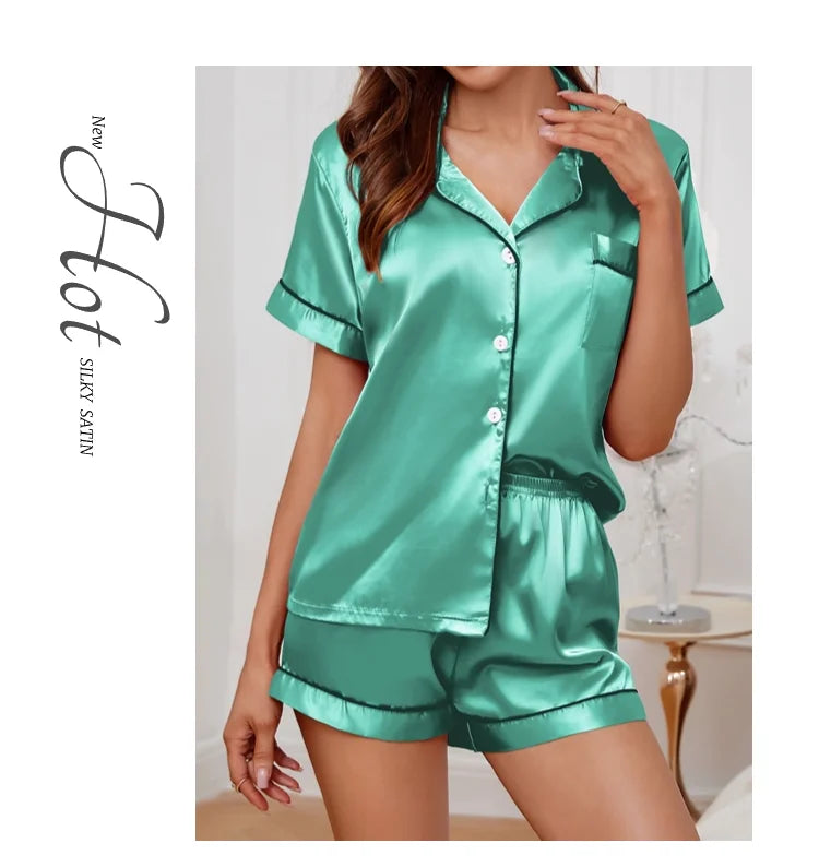 Women's Satin Button Down Pajama Set | 2-Piece Silk Sleepwear Top & Shorts