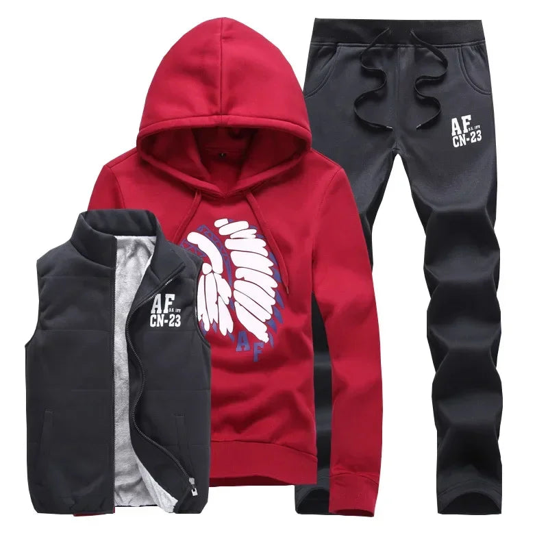 Men's 3-Piece Winter Tracksuit – Hoodie, Vest & Pants Thick Warm Set