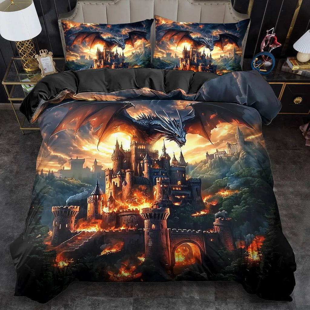 3D Dragon Print Bedding Set – Psychedelic Aesthetic Duvet Cover, Soft Breathable Polyester, Twin to King