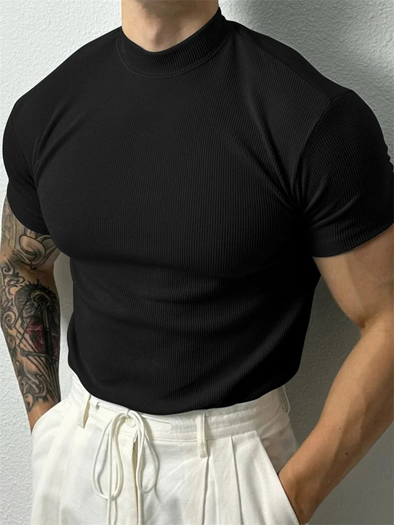 Men's Striped High Collar Short Sleeve Fitness Top — Athletic Training Shirt