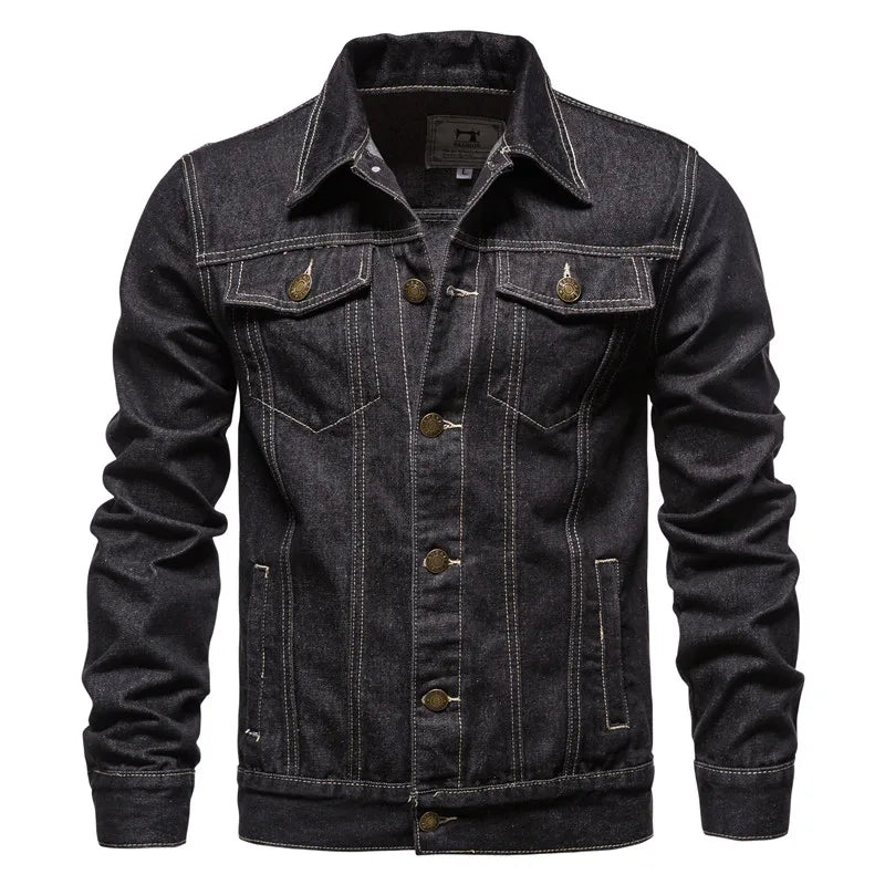 Men's Slim Fit Denim Jacket — Vintage Motorcycle Jean Coat in Black & Blue