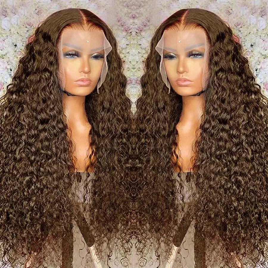 Chocolate Brown Curly 13x4 Lace Front Wig Human Hair Water Wave Brazilian Wig HD Lace 36 Inch for Women 13x6 Frontal Wig