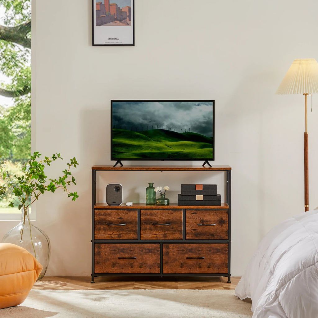 Fireplace TV Stand Dresser with 5 Fabric Drawers — Bedroom Storage Cabinet for 45" TVs