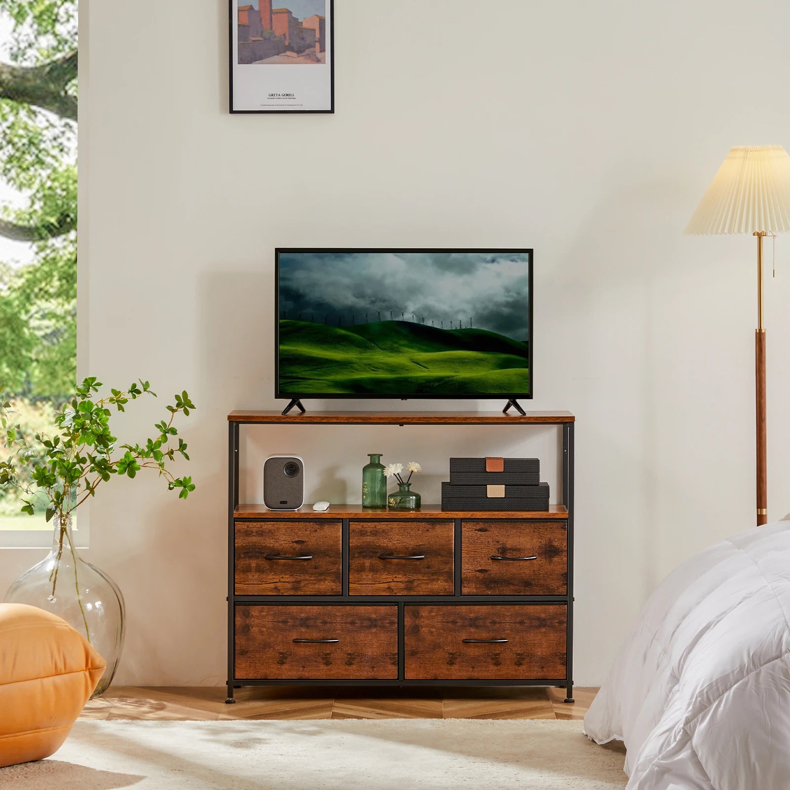 Fireplace TV Stand Dresser with 5 Fabric Drawers — Bedroom Storage Cabinet for 45" TVs