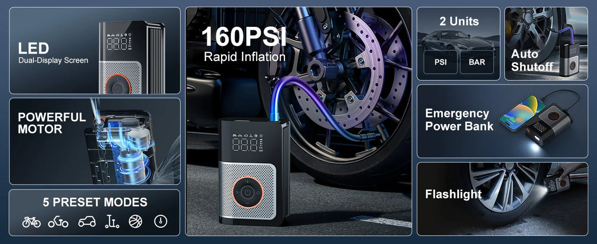 Portable Tire Inflator with Digital Gauge, 160 PSI