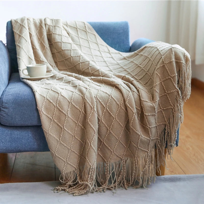 Knitted Acrylic Throw Blanket with Tassels – Chunky Farmhouse Style, 28 Colors & 2 Sizes