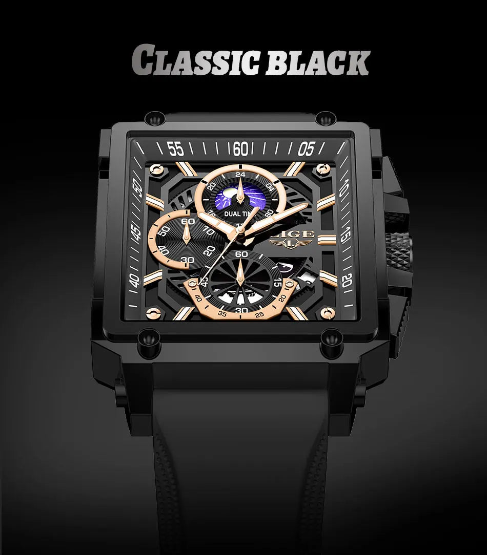LIGE Men's Hollow Square Sport Watch | Fashion Silicone Strap Waterproof Quartz Wristwatch with Box