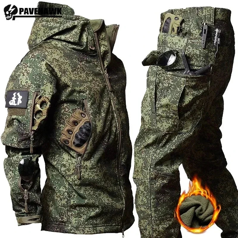 Men's Camo Waterproof Tactical Jacket & Fleece Pants Set – Winter Hunting Outdoor 2-Piece