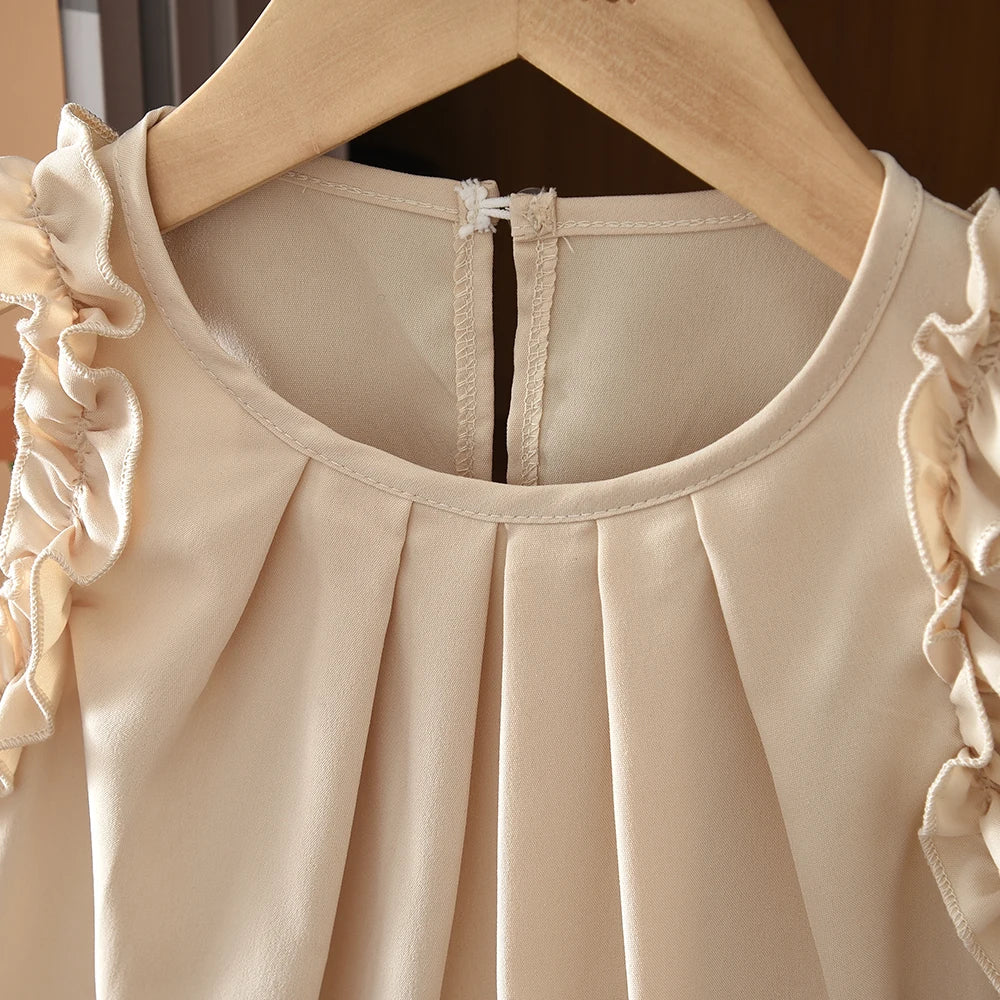 Korean Sleeveless Pleated Girls Dress — Solid Color Round Neck Summer Kids Dress