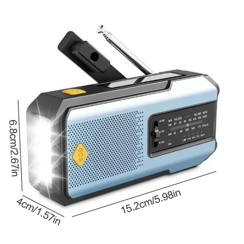 Emergency Weather Radio — FM/AM/WB, Hand Crank Solar, 2000mAh Power Bank & LED Flashlight
