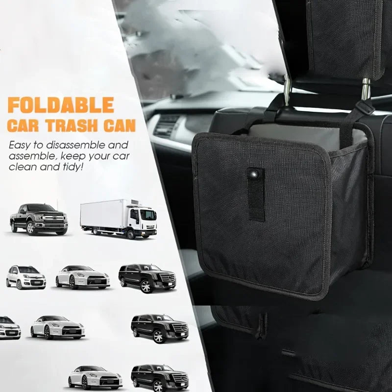 Foldable car trash can attached to a car seat with text on disassembly and assembly.