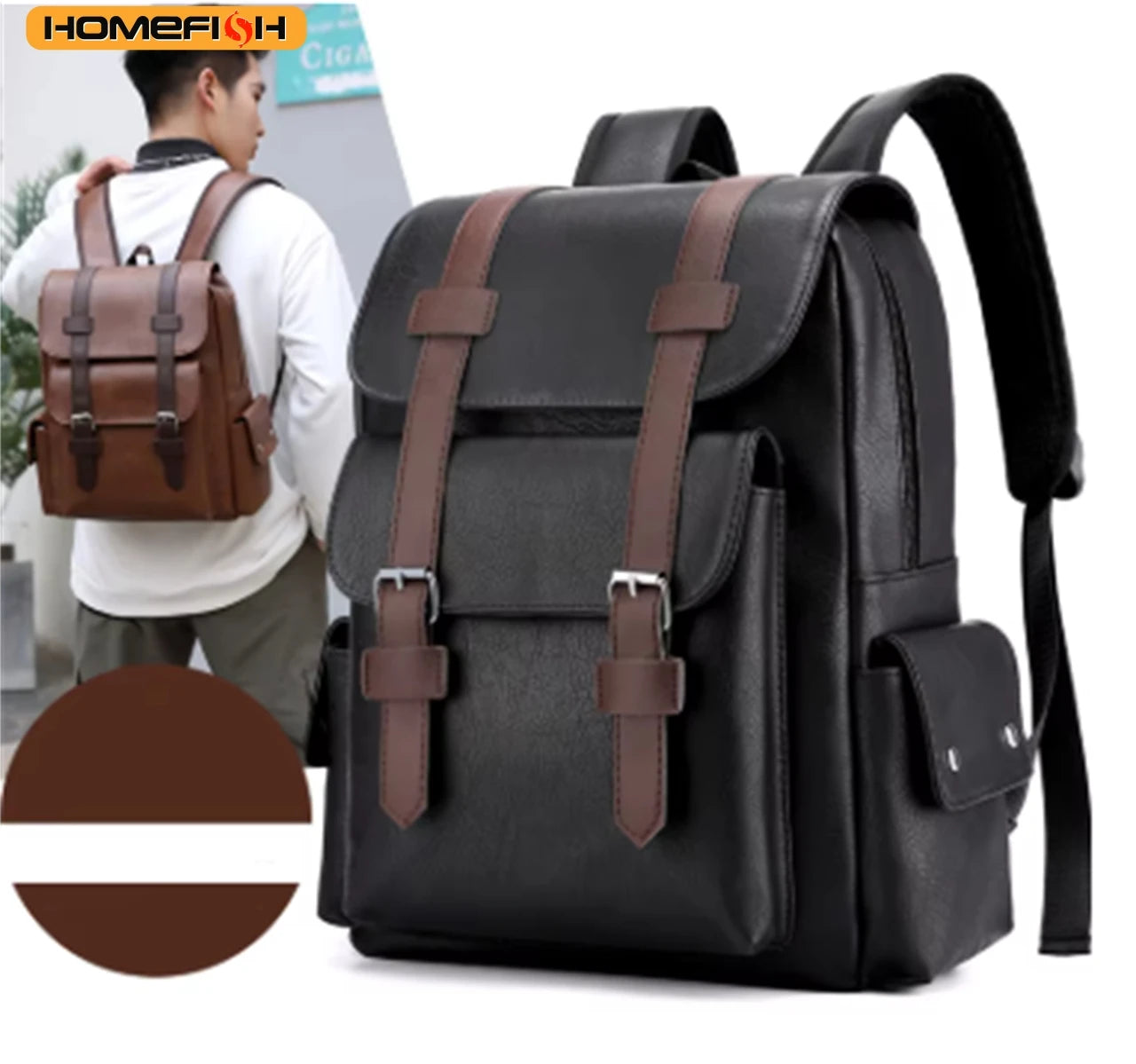 HOMEFISH PU Leather Backpack – Large Capacity Casual Daypack with 5 Pockets