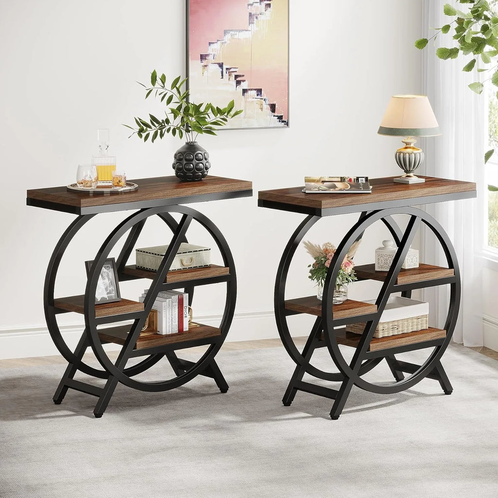 3-Tier Narrow End Table with Storage — Wood & Geometric Metal Frame