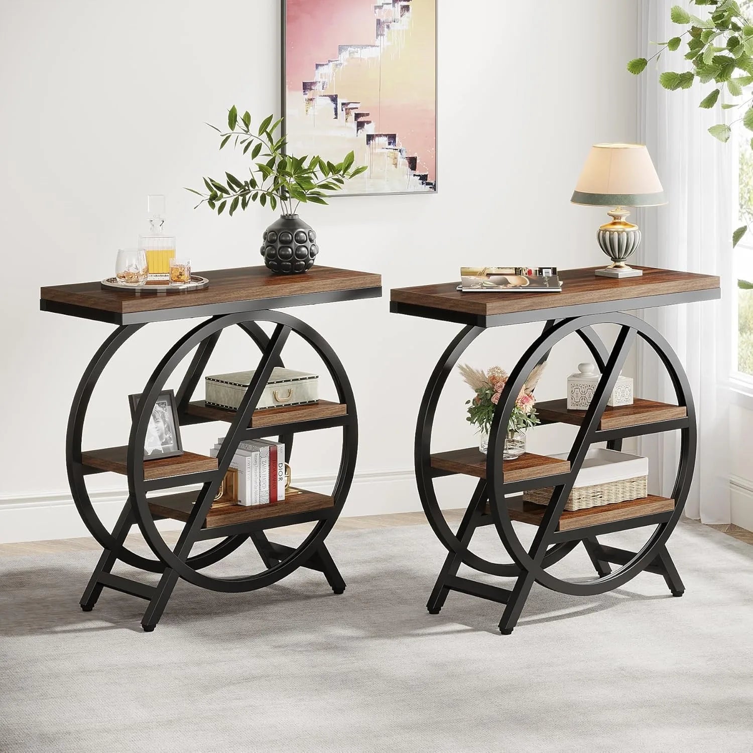 3-Tier Narrow End Table with Storage — Wood & Geometric Metal Frame