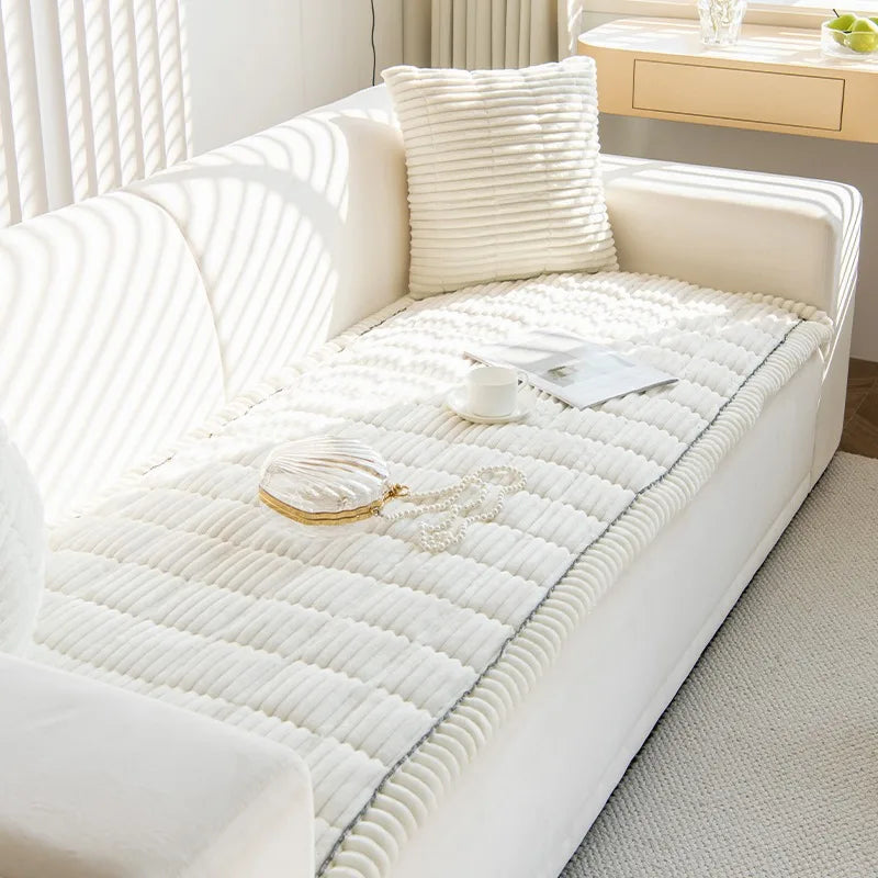 Quilted Stripe Flannel Sofa Pad – Thickened Winter Sofa Cover, Slipcover & Multiuse Sofa Towel