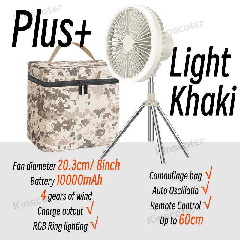 10000mAh Camping Fan – Rechargeable Portable Wireless Ceiling Fan with Power Bank & LED Lighting Tripod