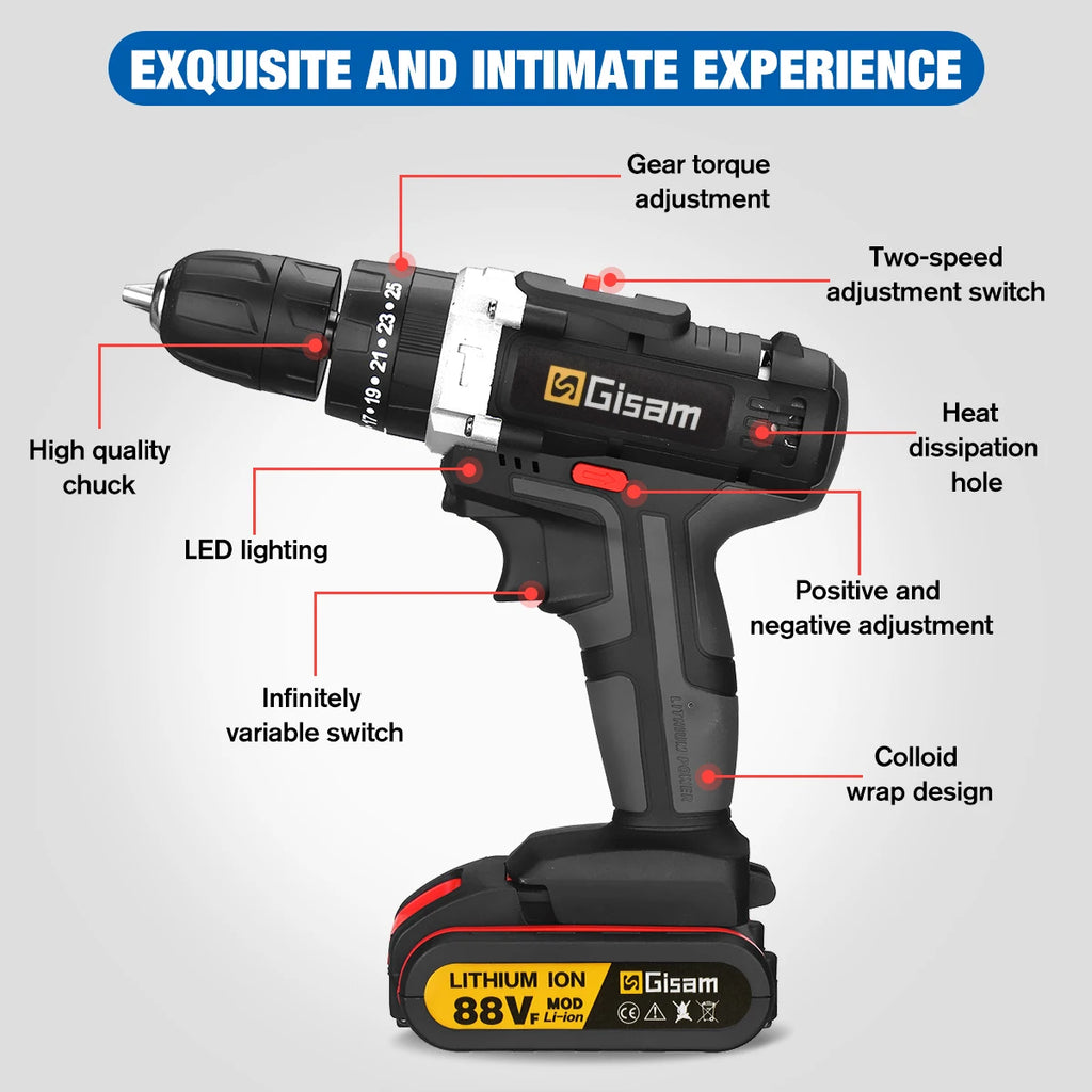 21V Cordless Impact Drill — 25+3 Torque Settings, LED Light & Drill Bits Set Included