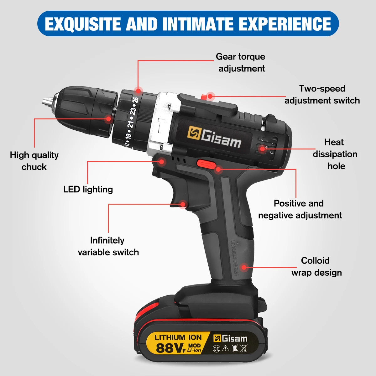 21V Cordless Impact Drill — 25+3 Torque Settings, LED Light & Drill Bits Set Included