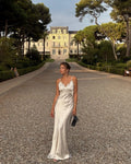 Lace Patchwork Satin Maxi Gown — V-Neck Sleeveless Backless Evening Dress