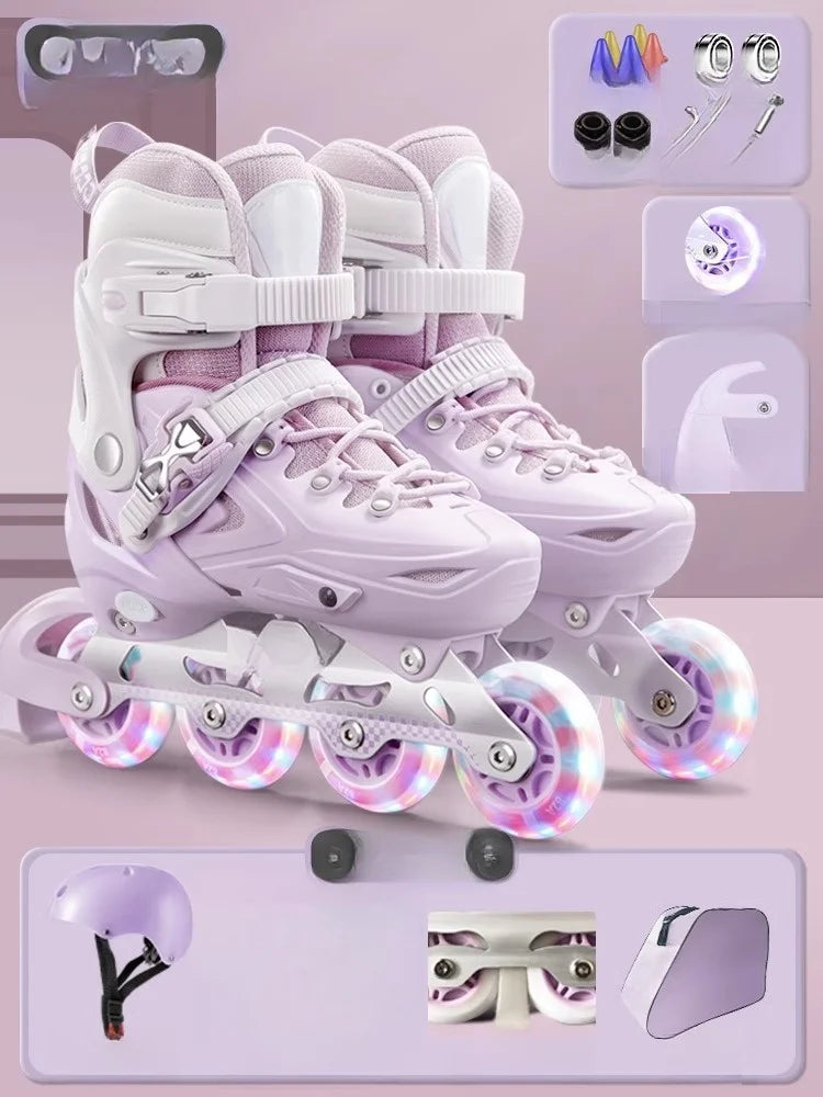 Inline Roller Skate Shoes with Helmet & Pads Set – Flashing 4-Wheel Beginner Adult Unisex Outdoor Skating