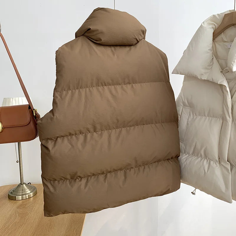Women's Sleeveless Down Vest – Thick Zip-Up Adjustable Waist Winter Outerwear