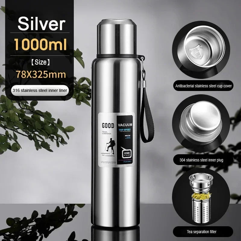 CZSAE 316 SS Vacuum Thermos Tumbler – Bullet Shape, 12–24Hr Insulated, 600ml–2000ml, Silver & Black, CE Certified