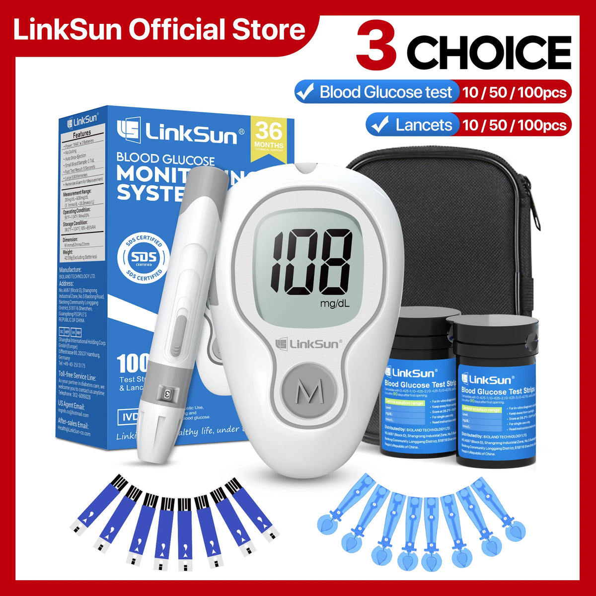 Linksun Blood Glucose Meter G-425-3 Kit – No-Code Glucometer with Test Strips & Lancets