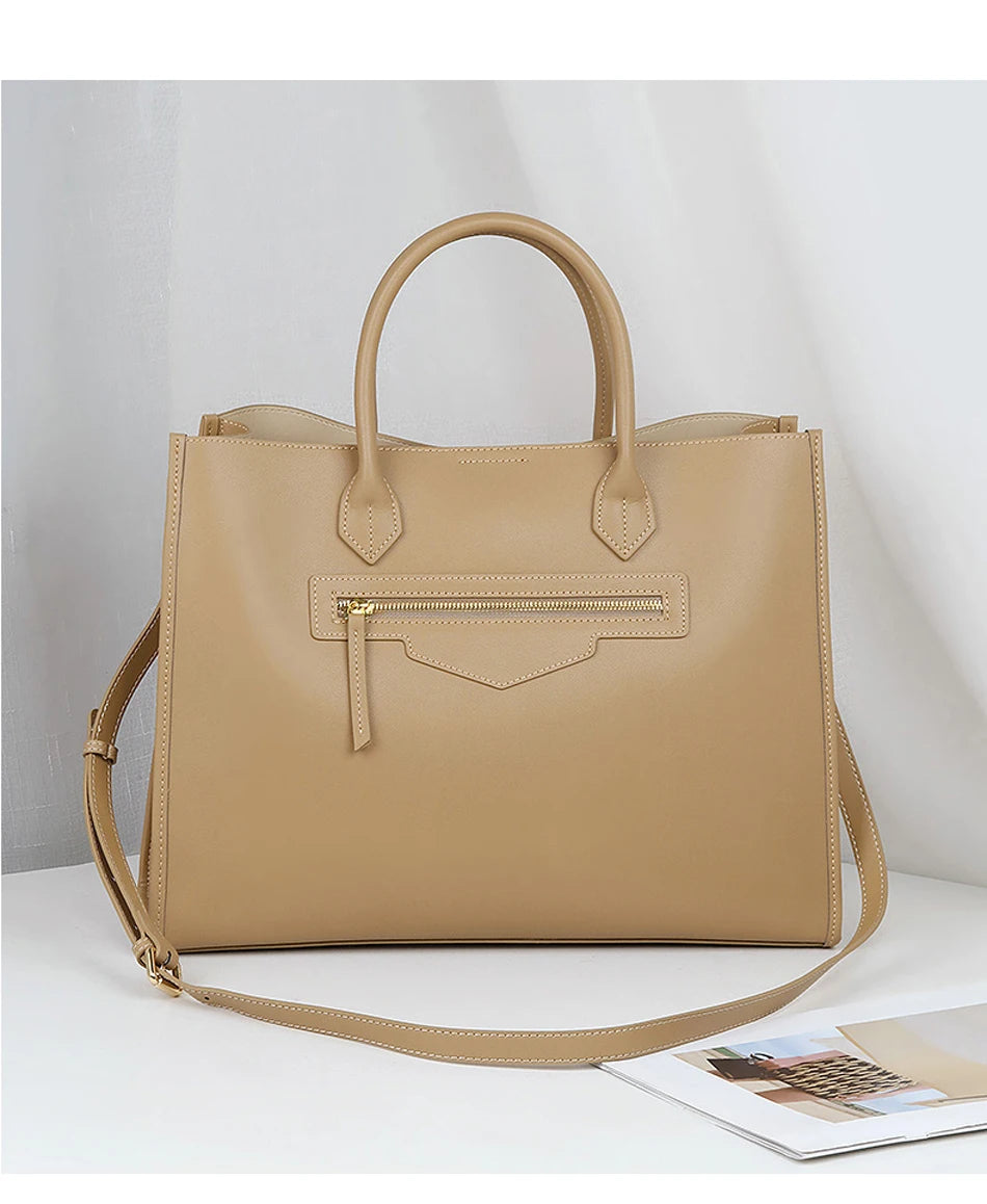 Luxury Cowhide Leather Tote Bag – Large Capacity Shoulder Bag with Laptop Compartment for Women