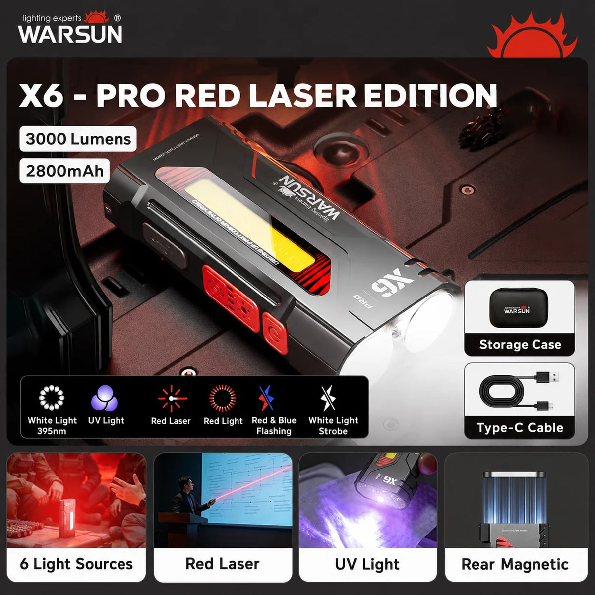 WARSUN X6 Pro – 45W Powerful Mini LED Inspection Flashlight, Magnetic Base, UV, USB Rechargeable