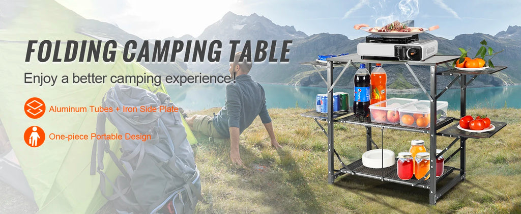 SucceBuy Folding Camping Kitchen Table — Portable Aluminum Cook Station for Outdoor BBQ & Picnics