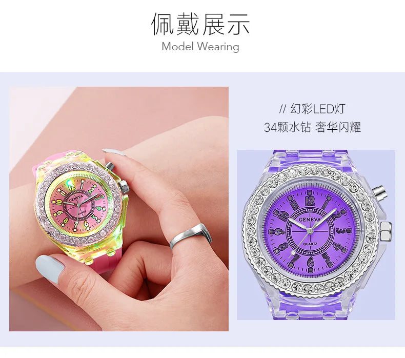 LED Luminous Flash Rhinestone Watch | Kids Men Women Silicone Fashion Wristwatch