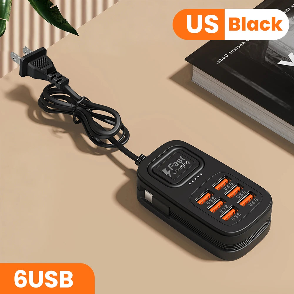 6-Port USB Fast Charging Station – 3 USB-C + 3 USB-A, Desktop Power Strip Hub, EU/UK/US Plug