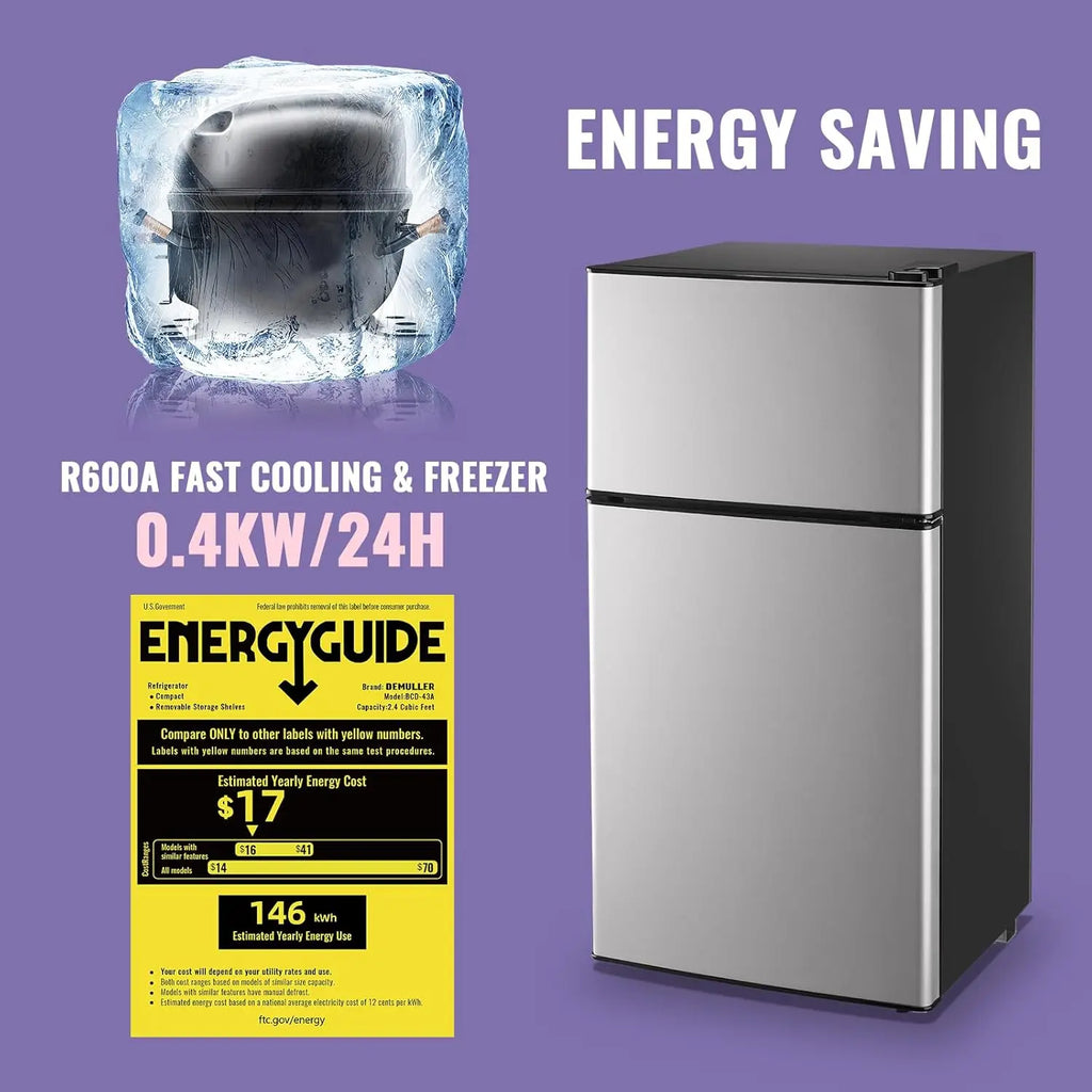 Silver Small Refrigerator with Freezer — 2.4 Cu Ft Compact Fridge with Removable Plastic Shelves for Home, Office & Dorm