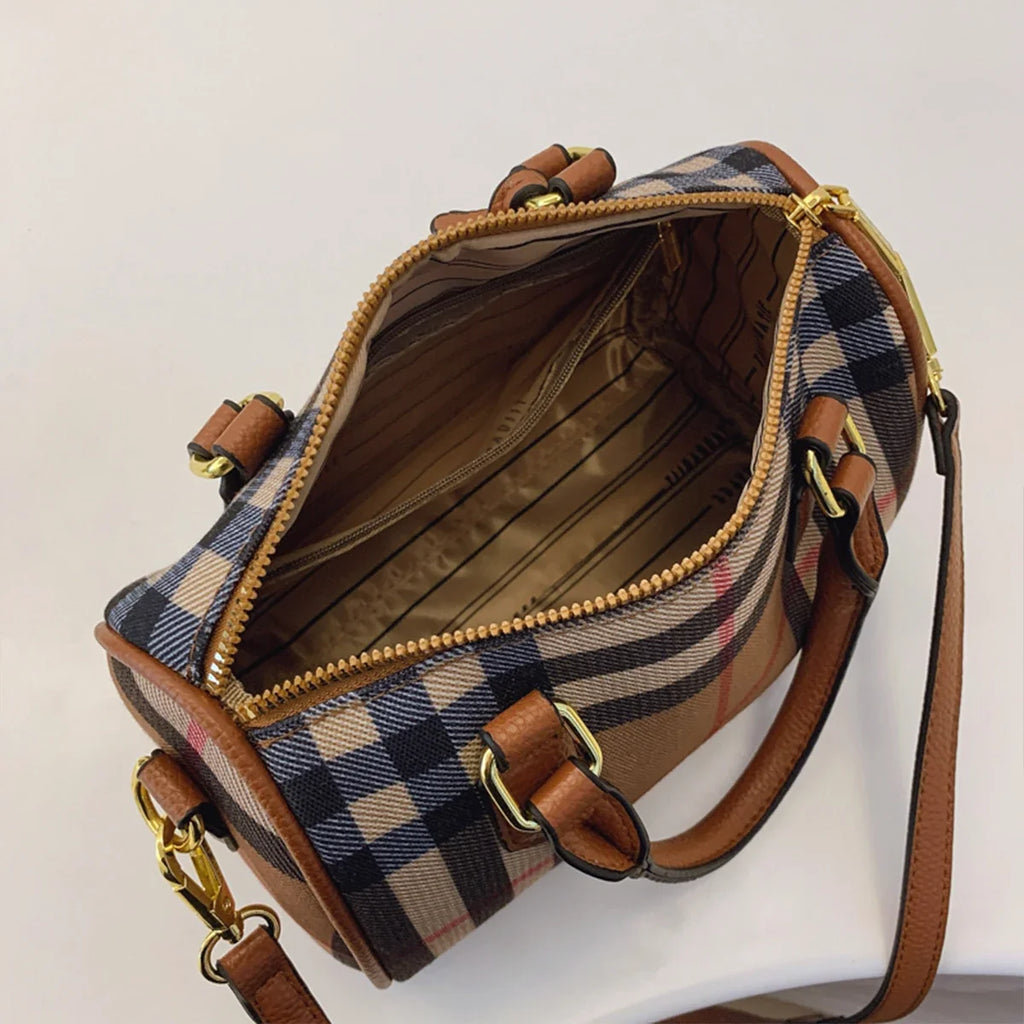 Large Capacity Stripe Plaid Shoulder Bag – PU Crossbody Tote with Adjustable Strap & Zip Closure