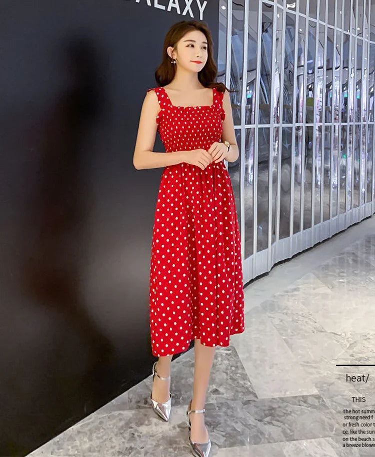 Polka Dot Square Neck Chiffon Maxi Dress — Sleeveless Elegant Long Dress