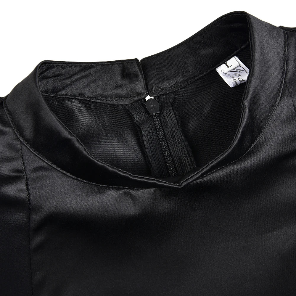 Women Elegant Black Dress Half High Collar High Waist A-Line Dresses Slim Fit Midi Dress Office Lady Female Solid Vestidos Robe