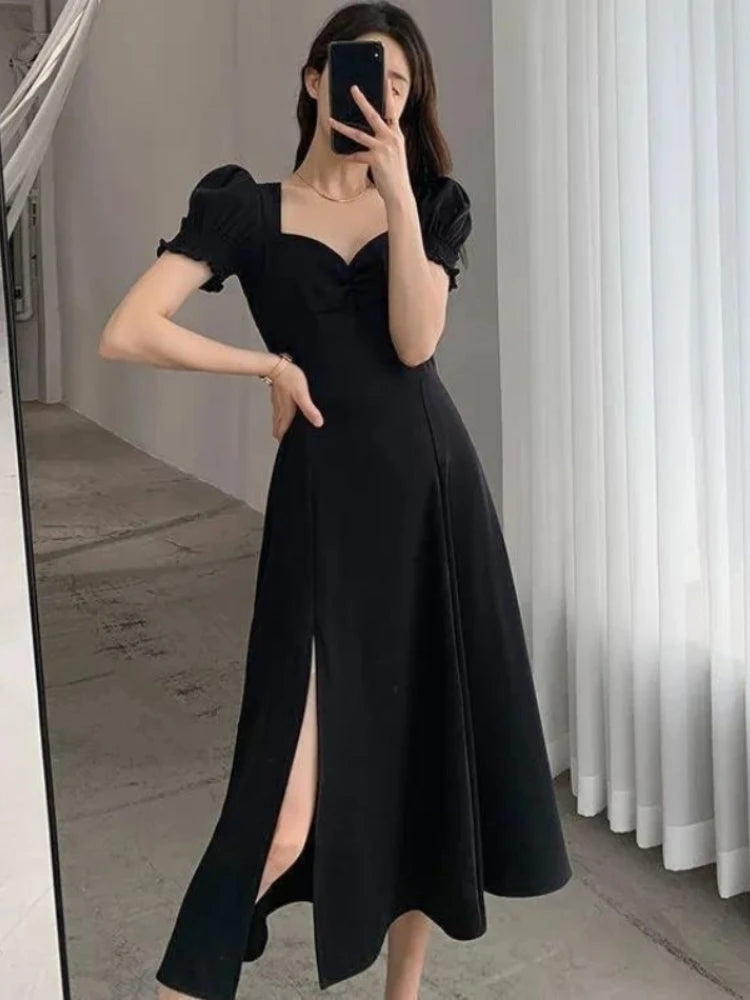 V-Neck Puff Sleeve A-Line Maxi Dress — Side Slit Slim Evening Party Dress