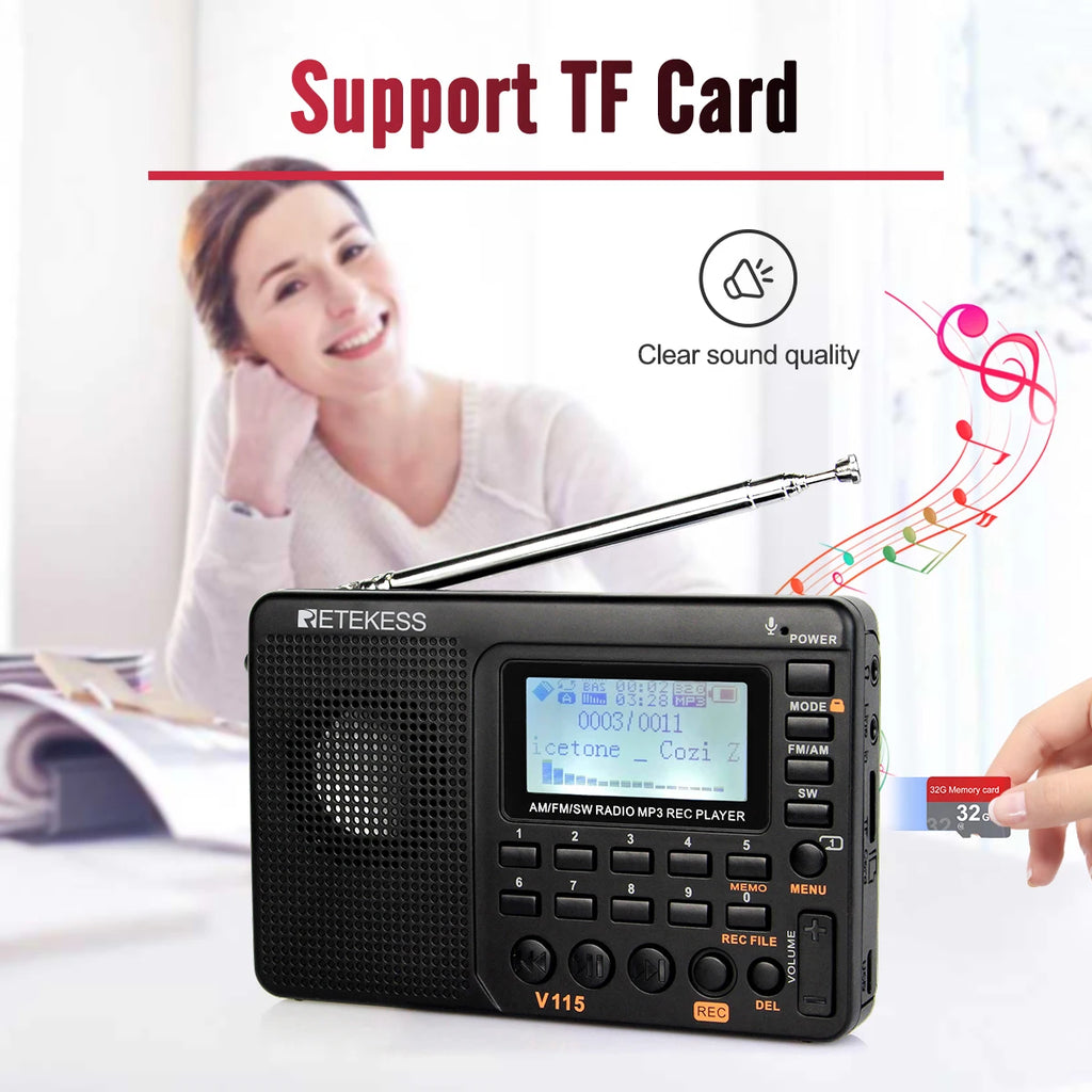 RETEKESS V115 Portable FM AM SW Radio — Rechargeable with USB