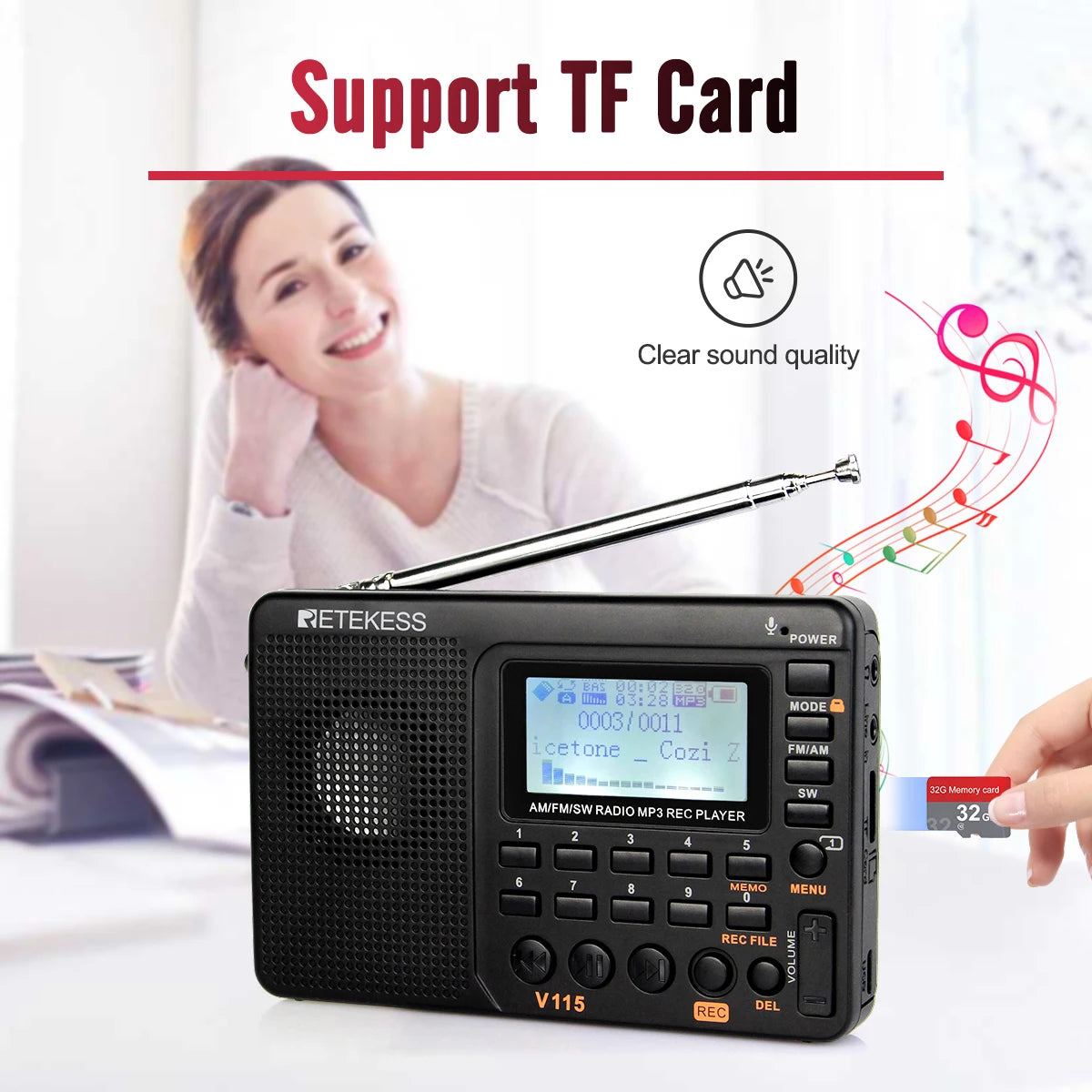 RETEKESS V115 Portable FM AM SW Radio — Rechargeable with USB
