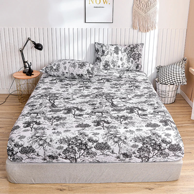White Marble Print Fitted Bed Sheet with Elastic Band | Single, Queen & King Size, All-Around Bed Cover