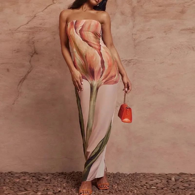Sexy Strapless Backless Printed Long Dress – Off-Shoulder Sleeveless Summer Party & Evening Robe