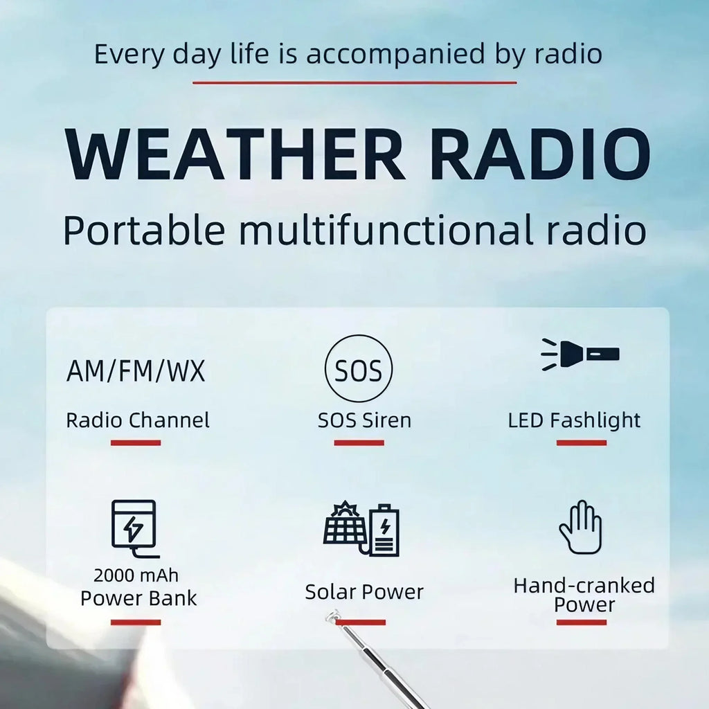 Emergency Weather Radio — FM/AM/WB, Hand Crank Solar, 2000mAh Power Bank & LED Flashlight