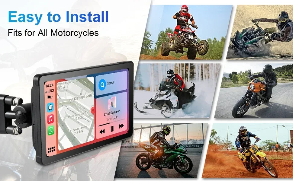 5"/7" Motorcycle CarPlay Screen – Wireless CarPlay & Android Auto, GPS Navigation, Dual Bluetooth, IPX7