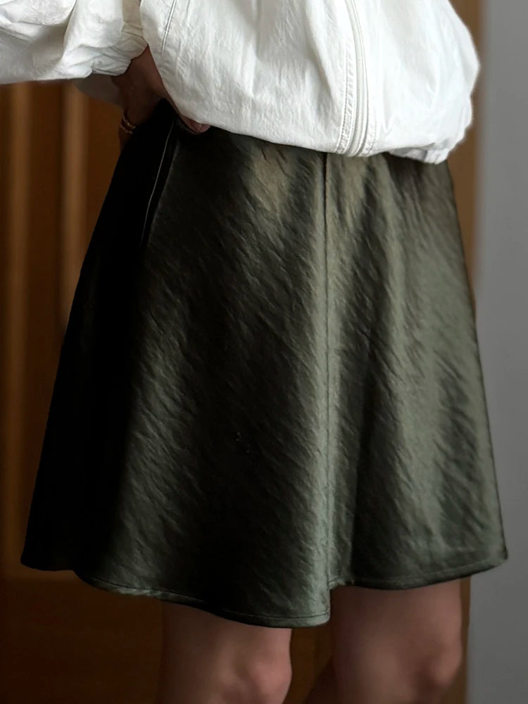 Women's Satin Mini Skirt – High Waist A-Line Luxury Office Wear in Black, Brown & Beige