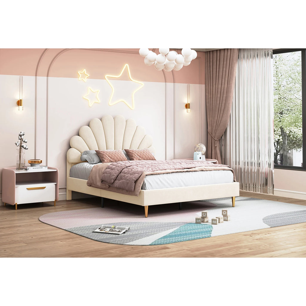 Elegant Upholstered Double Bed Frame – Flower-Shaped Headboard, Velvet Cover, 140x200cm, No Mattress